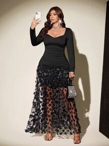 Viva Relle Plus Size Knitted French Style Heart-Shaped Square Neck Long Sleeve Slim Fit 3D Lace Elegant Evening Dinner Cocktail Dress Black Fall Halloween - Black - View 7