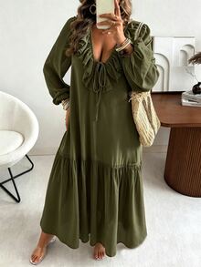 Vionelle 大尺碼女款春夏休閒度假風浪漫復古梭織雪紡荷葉邊百褶深V領長袖寬鬆長洋裝秋季 - 軍綠色 - 查看 5