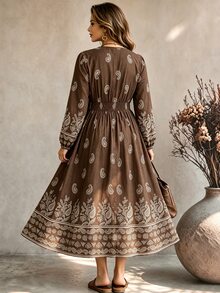 Ceyna Plus Size Paisley Flower Deep V Single-Breasted Cinched Waist Lantern Sleeve 1920 Vintage Boho Vacation Midi Dress Fall Brown Going Out Brunch - Brown - View 2