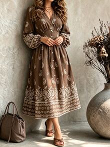Ceyna Plus Size Paisley Flower Deep V Single-Breasted Cinched Waist Lantern Sleeve 1920 Vintage Boho Vacation Midi Dress Fall Brown Going Out Brunch - Brown - View 3