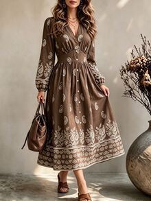 Ceyna Plus Size Paisley Flower Deep V Single-Breasted Cinched Waist Lantern Sleeve 1920 Vintage Boho Vacation Midi Dress Fall Brown Going Out Brunch - Brown - View 4
