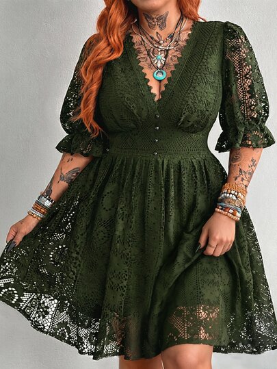 Whyspr Plus Size Spring/Summer V-Neck Lace Trim Hollow Out Jacquard Lace Short Sleeve Puff Sleeve Elegant Vintage Punk Dark Grunge Rock Chic Cute Beach Casual Vacation Waist-Cinching A-Line Knee-Length Button Black Dress