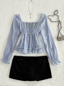Elamini Women's Fall/Winter 2026: Color-Block Lace-Panel Shirt A Sweet Yet Slightly Sultry Babydoll Style That Versatile For Everyday Wear And Shopping Trips. - Blue - View 2