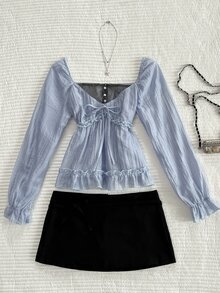 Elamini Women's Fall/Winter 2026: Color-Block Lace-Panel Shirt A Sweet Yet Slightly Sultry Babydoll Style That Versatile For Everyday Wear And Shopping Trips. - Blue - View 4