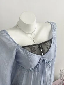 Elamini Women's Fall/Winter 2026: Color-Block Lace-Panel Shirt A Sweet Yet Slightly Sultry Babydoll Style That Versatile For Everyday Wear And Shopping Trips. - Blue - View 3