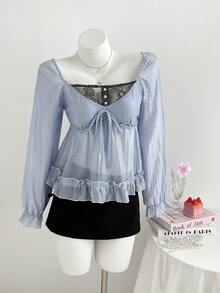 Elamini Women's Fall/Winter 2026: Color-Block Lace-Panel Shirt A Sweet Yet Slightly Sultry Babydoll Style That Versatile For Everyday Wear And Shopping Trips. - Blue - View 5