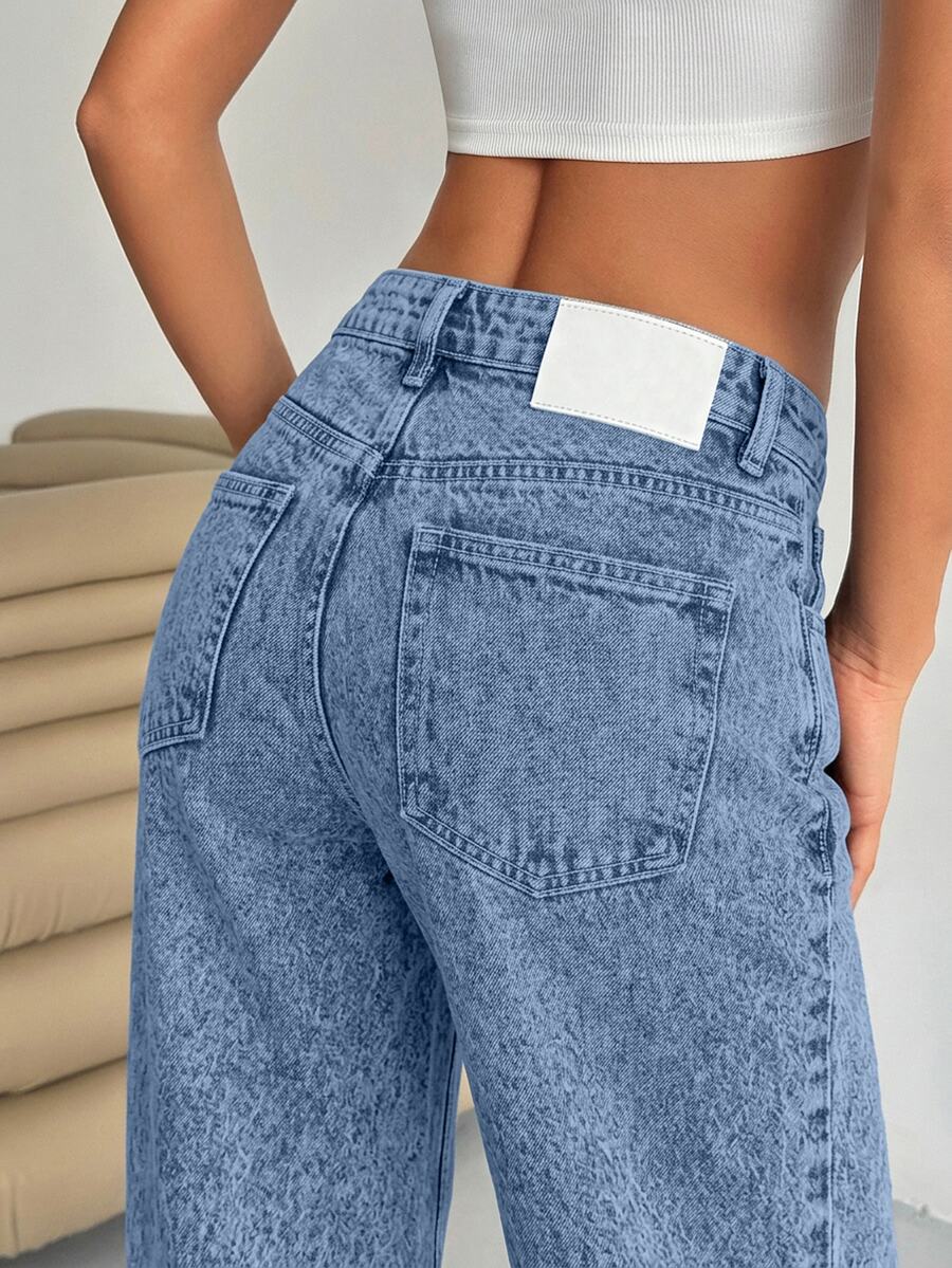 EURMUSE WOMEN LOW WAIST WIDELEG CASUAL STREET DARK BLUE WITH BACK LABEL WATER WASH - Blue - View 1