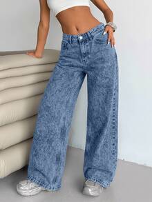 EURMUSE WOMEN LOW WAIST WIDELEG CASUAL STREET DARK BLUE WITH BACK LABEL WATER WASH - Blue - View 5