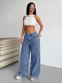 EURMUSE WOMEN LOW WAIST WIDELEG CASUAL STREET DARK BLUE WITH BACK LABEL WATER WASH - Blue - View 6