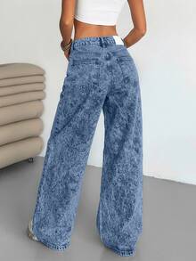 EURMUSE WOMEN LOW WAIST WIDELEG CASUAL STREET DARK BLUE WITH BACK LABEL WATER WASH - Blue - View 2