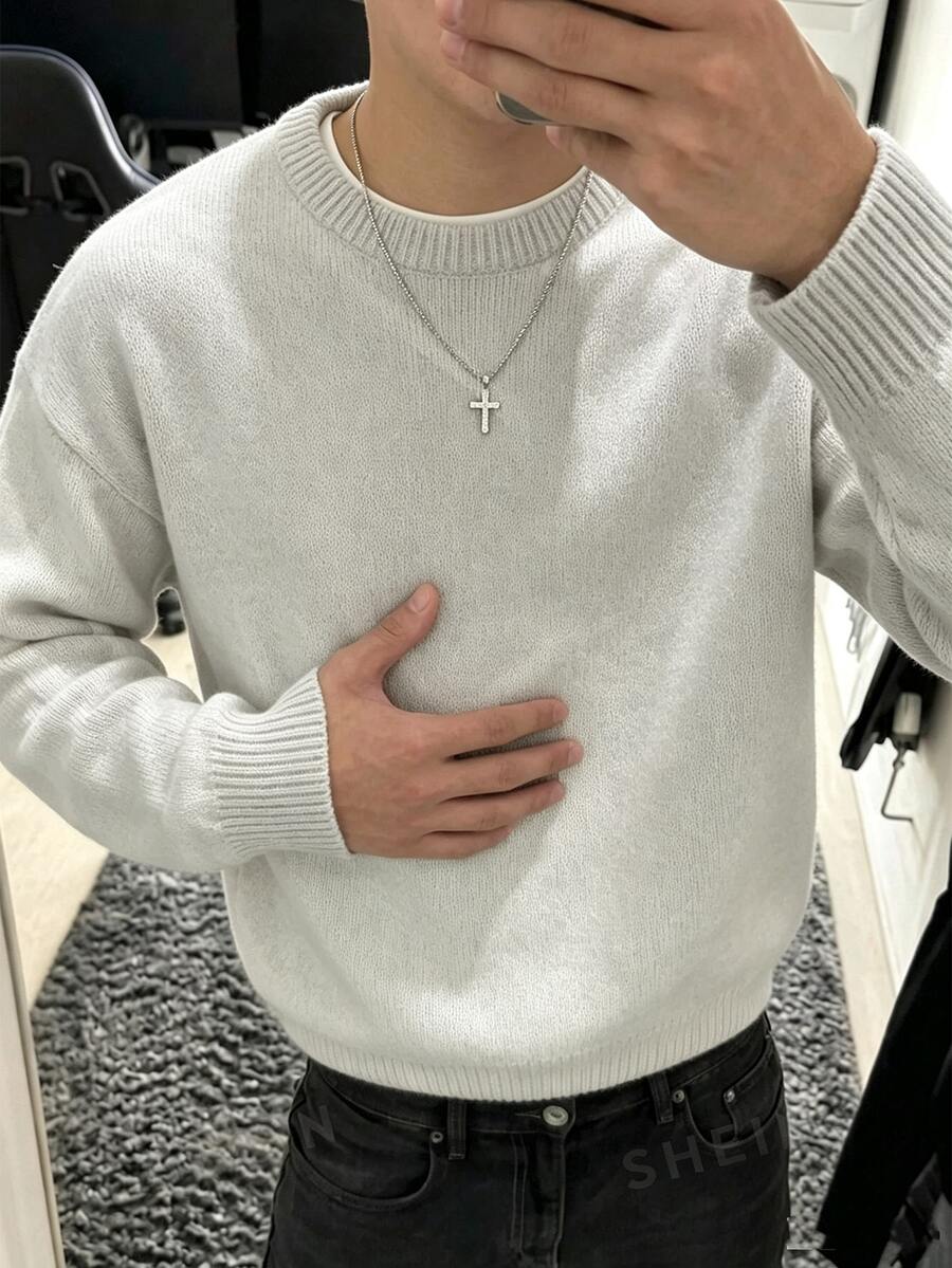 Manfinity Hypemode Men's Solid Color Casual Versatile Daily Wear Long Sleeve Sweater - Light Grey - View 1