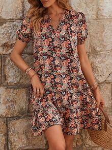 EMERY ROSE Summer Floral Printed Notched Neck Dress With Ruffle Hem Short Sleeves - Multicolor - View 3