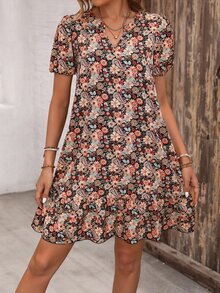 EMERY ROSE Summer Floral Printed Notched Neck Dress With Ruffle Hem Short Sleeves - Multicolor - View 5