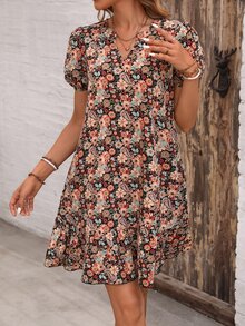 EMERY ROSE Summer Floral Printed Notched Neck Dress With Ruffle Hem Short Sleeves - Multicolor - View 6