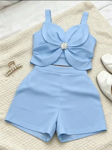 EMERY ROSE Casual Fashion 3D Floral Craft Camisole Top And Shorts Set - Blue - View 4