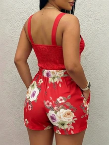 EMERY ROSE Women's Summer Casual Mama Mia Disco Metal Flower Decor Camisole And Floral Print Shorts Set Party Night Out Red - Red - View 2