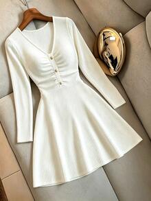 SHEIN Franclia Women's Elegant French Casual Ribbed Knit Mini Dress V‑Neck Gold Decorative Buttons Ruched Bust&Waist Long Sleeve A‑Line Flared Fall Date Night Dress - White - View 9