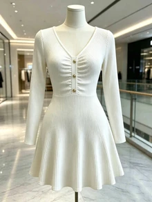 SHEIN Franclia Women's Elegant French Casual Ribbed Knit Mini Dress V‑Neck Gold Decorative Buttons Ruched Bust&Waist Long Sleeve A‑Line Flared Fall Date Night Dress - White - View 4