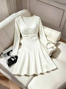 SHEIN Franclia Women's Elegant French Casual Ribbed Knit Mini Dress V‑Neck Gold Decorative Buttons Ruched Bust&Waist Long Sleeve A‑Line Flared Fall Date Night Dress - White - View 7