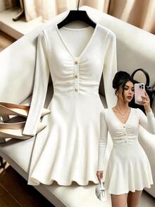 SHEIN Franclia Women's Elegant French Casual Ribbed Knit Mini Dress V‑Neck Gold Decorative Buttons Ruched Bust&Waist Long Sleeve A‑Line Flared Fall Date Night Dress - White - View 6