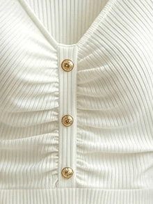 SHEIN Franclia Women's Elegant French Casual Ribbed Knit Mini Dress V‑Neck Gold Decorative Buttons Ruched Bust&Waist Long Sleeve A‑Line Flared Fall Date Night Dress - White - View 10