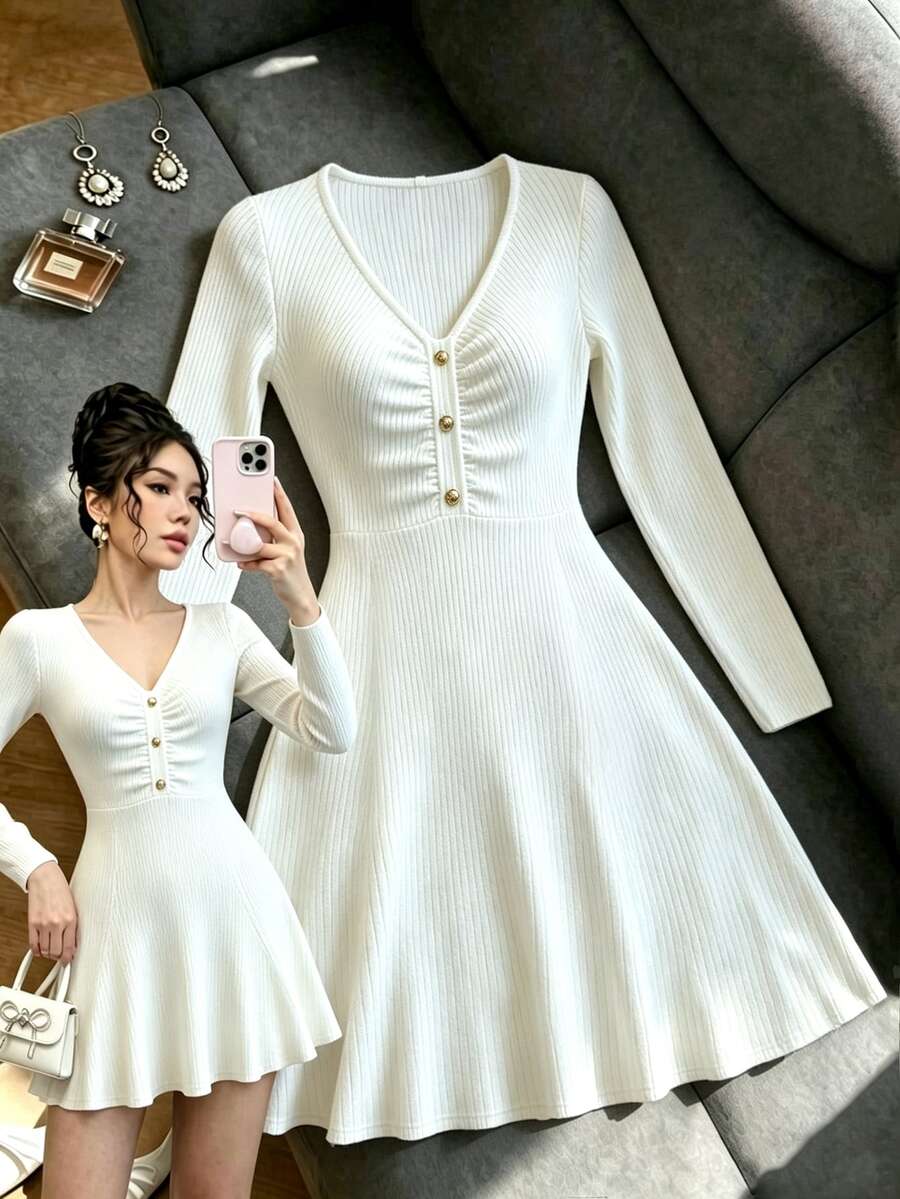 SHEIN Franclia Women's Elegant French Casual Ribbed Knit Mini Dress V‑Neck Gold Decorative Buttons Ruched Bust&Waist Long Sleeve A‑Line Flared Fall Date Night Dress