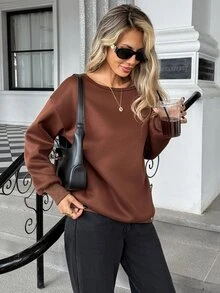 SHEIN PariChic Atasan Sweatshirt Wanita Warna Polos Model Drop Shoulder Lengan Panjang dengan Belahan Bahu Terbuka dan Punggung V Dalam, Hiasan Renda, Longgar, Ukuran Besar, Romantis, Elegan, Warna Cokelat Muda - Coffee Brown - View 6