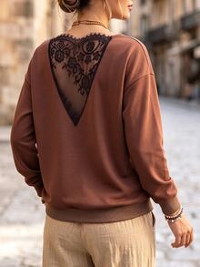 SHEIN PariChic Atasan Sweatshirt Wanita Warna Polos Model Drop Shoulder Lengan Panjang dengan Belahan Bahu Terbuka dan Punggung V Dalam, Hiasan Renda, Longgar, Ukuran Besar, Romantis, Elegan, Warna Cokelat Muda - Coffee Brown - View 1