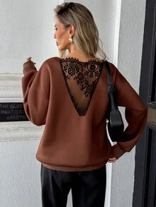 SHEIN PariChic Atasan Sweatshirt Wanita Warna Polos Model Drop Shoulder Lengan Panjang dengan Belahan Bahu Terbuka dan Punggung V Dalam, Hiasan Renda, Longgar, Ukuran Besar, Romantis, Elegan, Warna Cokelat Muda - Coffee Brown - View 7