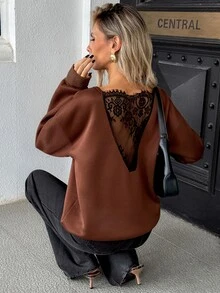 SHEIN PariChic Atasan Sweatshirt Wanita Warna Polos Model Drop Shoulder Lengan Panjang dengan Belahan Bahu Terbuka dan Punggung V Dalam, Hiasan Renda, Longgar, Ukuran Besar, Romantis, Elegan, Warna Cokelat Muda - Coffee Brown - View 8