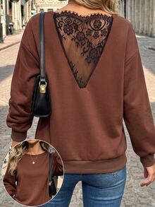 SHEIN PariChic Atasan Sweatshirt Wanita Warna Polos Model Drop Shoulder Lengan Panjang dengan Belahan Bahu Terbuka dan Punggung V Dalam, Hiasan Renda, Longgar, Ukuran Besar, Romantis, Elegan, Warna Cokelat Muda - Coffee Brown - View 3
