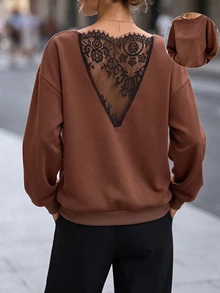 SHEIN PariChic Atasan Sweatshirt Wanita Warna Polos Model Drop Shoulder Lengan Panjang dengan Belahan Bahu Terbuka dan Punggung V Dalam, Hiasan Renda, Longgar, Ukuran Besar, Romantis, Elegan, Warna Cokelat Muda - Coffee Brown - View 4