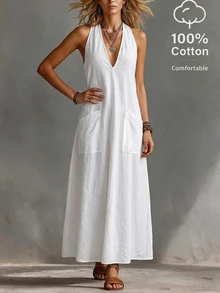 Trelyra Women's Long Halter Neck Sleeveless V-Neck Pocket Solid Color Dress - White - View 5