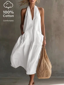 Trelyra Women's Long Halter Neck Sleeveless V-Neck Pocket Solid Color Dress - White - View 8