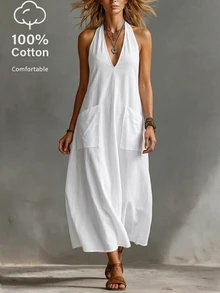Trelyra Women's Long Halter Neck Sleeveless V-Neck Pocket Solid Color Dress - White - View 7