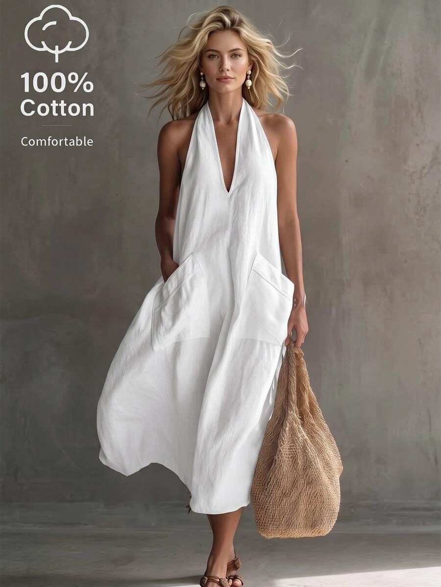 Trelyra Women's Long Halter Neck Sleeveless V-Neck Pocket Solid Color Dress