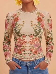 Travachic Atasan Wanita Motif Bunga Leher Bulat Lengan Panjang Slim Fit Modis Romantis Elegan untuk Acara Brunch dan Pesta Teh Warna Beige Musim Gugur - MultiWarna - View 3