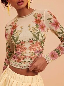 Travachic Atasan Wanita Motif Bunga Leher Bulat Lengan Panjang Slim Fit Modis Romantis Elegan untuk Acara Brunch dan Pesta Teh Warna Beige Musim Gugur - MultiWarna - View 4