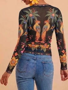 Travachic Women's Palm Tree Mesh Round Neck Long Sleeve Fitted Sexy Tropical Top Vacation Going Out Multicolor Autumn - Multicolor - View 2