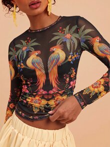 Travachic Women's Palm Tree Mesh Round Neck Long Sleeve Fitted Sexy Tropical Top Vacation Going Out Multicolor Autumn - Multicolor - View 4