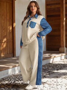 EMERY ROSE Women's Plus Size Colorblock Polo Collar Long Sleeve Top And Pants Casual Set Fall Winter 2026 Winter Outfit For Women - Multicolor - View 4