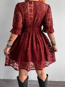 Whyspr Plus Size Spring/Summer V-Neck Lace Hollow-Out Jacquard Short Puff Sleeve Elegant Vintage Punk Dark Grunge Rock Cool Cute Beach Casual Vacation Waist-Cinching A-Line Knee-Length Button Black Dress - Burgundy - View 2