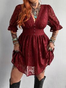 Whyspr Plus Size Spring/Summer V-Neck Lace Hollow-Out Jacquard Short Puff Sleeve Elegant Vintage Punk Dark Grunge Rock Cool Cute Beach Casual Vacation Waist-Cinching A-Line Knee-Length Button Black Dress - Burgundy - View 5