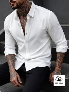 Manfinity CasualCool 男士輕商務風百搭白色棉質紋理長袖襯衫，成熟休閒通勤百搭辦公穿搭 - 白色 - 查看 3