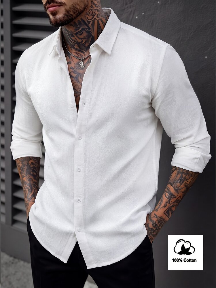 Manfinity CasualCool Men's Light Business Style All-Match White Cotton Textured Long Sleeve Shirt, Mature Casual Commuter Versatile Office Wear - White - View 1