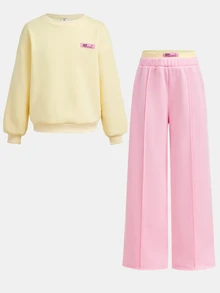 SHEIN Kids Tween Girls Tween Girl Yellow Sweatshirt + Pink Loose Long Pants 2-Piece Set, Casual Daily Versatile Fashion, Soft & Comfortable, Autumn/Winter - Multicolor - View 11