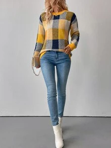 EMERY ROSE Women's Plaid Round Neck Drop Shoulder Long Sleeve Casual Pullover Sweater, Autumn/Winter Knit Pullover Fall - Yellow - View 8