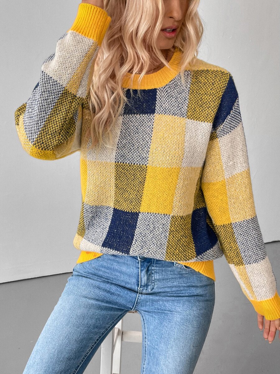 EMERY ROSE Women's Plaid Round Neck Drop Shoulder Long Sleeve Casual Pullover Sweater, Autumn/Winter Knit Pullover Fall - Yellow - View 1