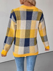 EMERY ROSE Women's Plaid Round Neck Drop Shoulder Long Sleeve Casual Pullover Sweater, Autumn/Winter Knit Pullover Fall - Yellow - View 2