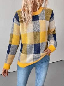 EMERY ROSE Women's Plaid Round Neck Drop Shoulder Long Sleeve Casual Pullover Sweater, Autumn/Winter Knit Pullover Fall - Yellow - View 6